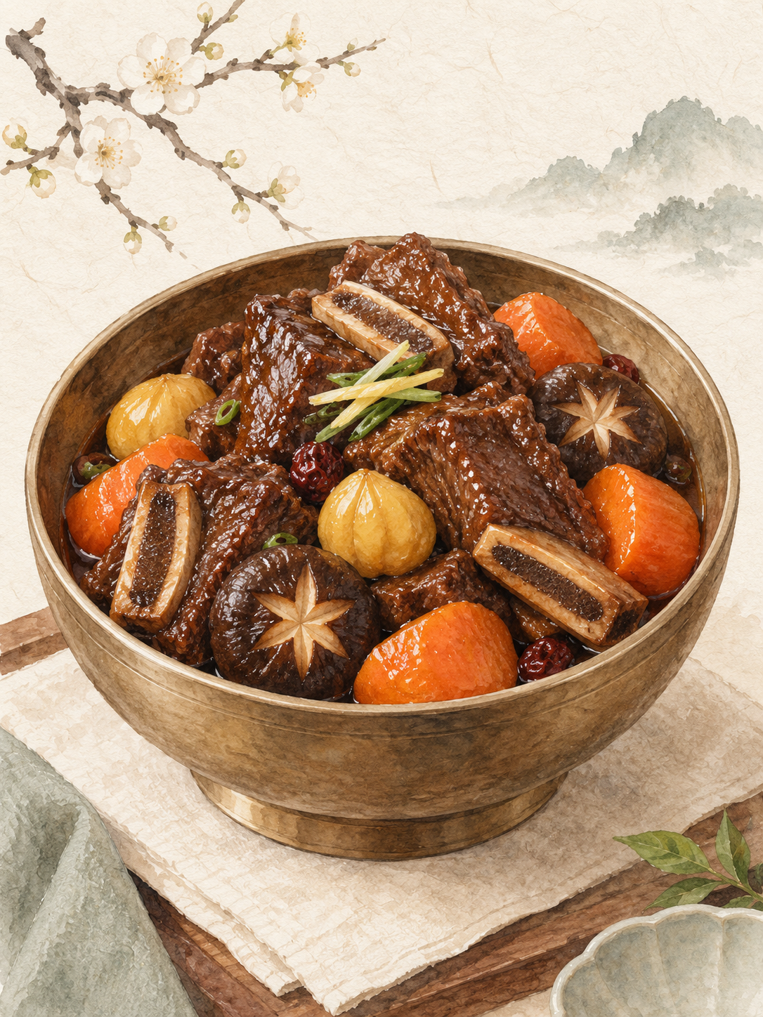 갈비찜 수채화 일러스트