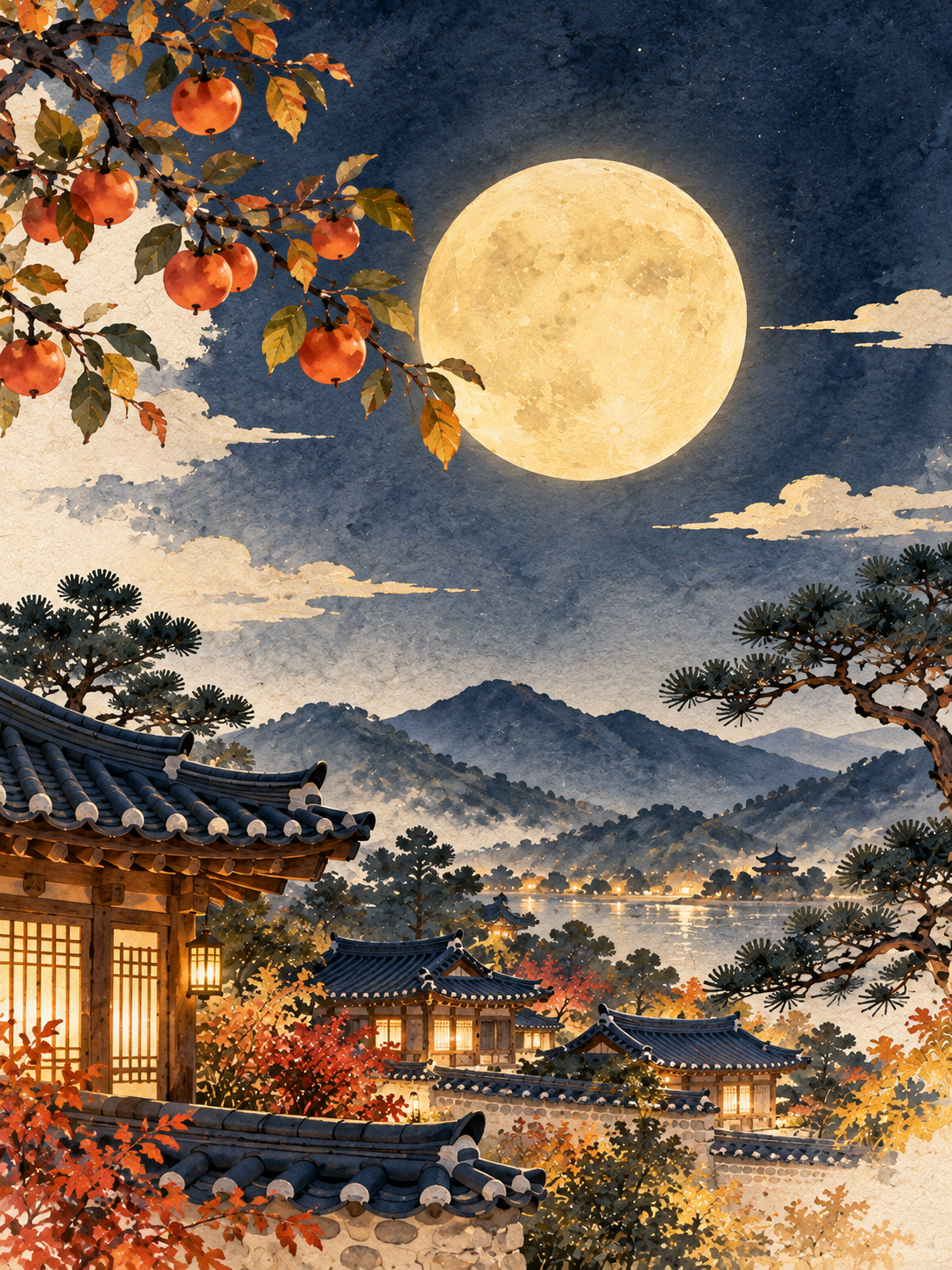 수채화 추석 한옥 풍경 일러스트