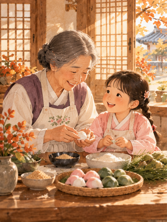 할머니와 손녀의 송편 만들기