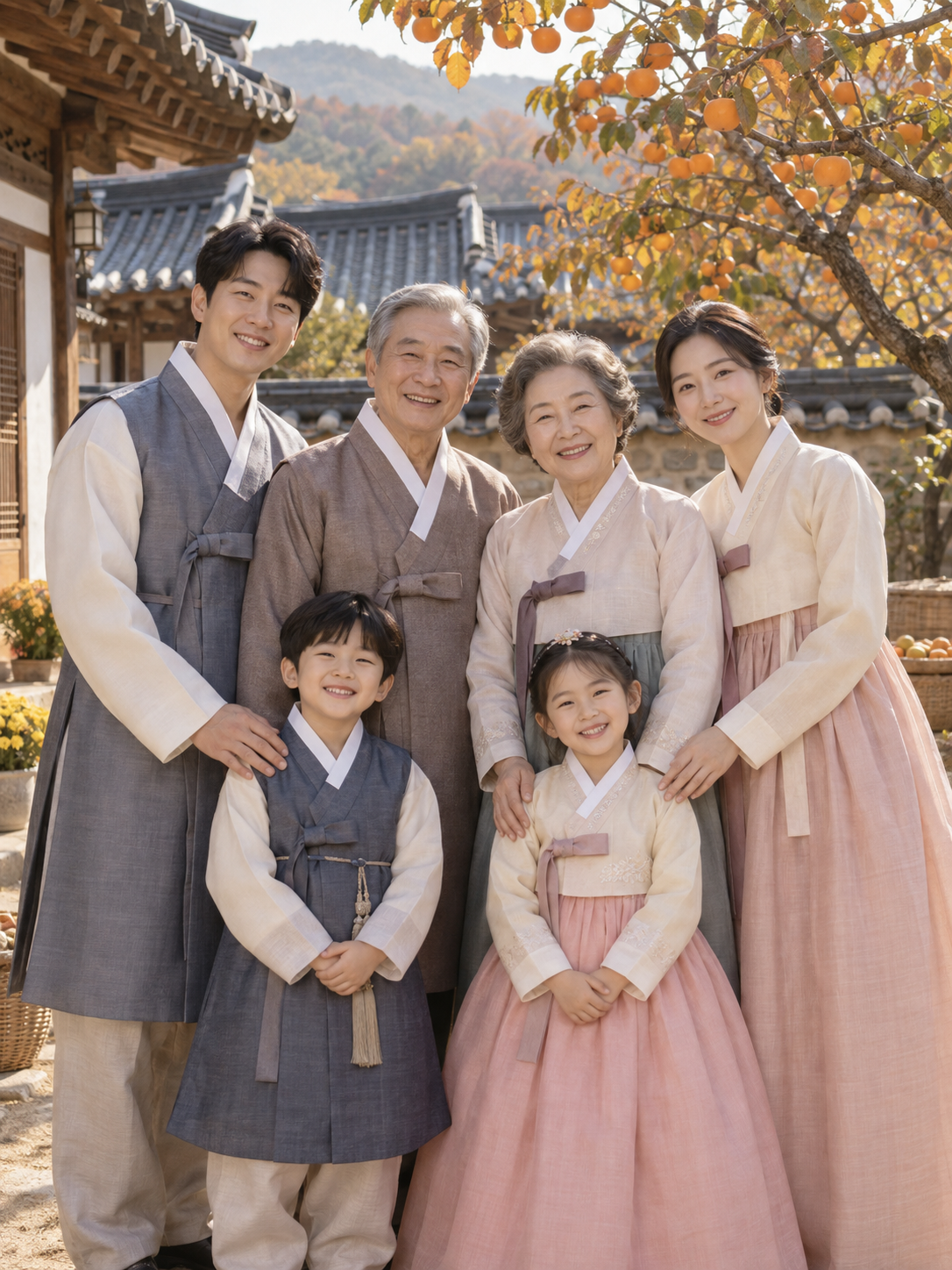 한옥 마당의 삼대 한복 가족