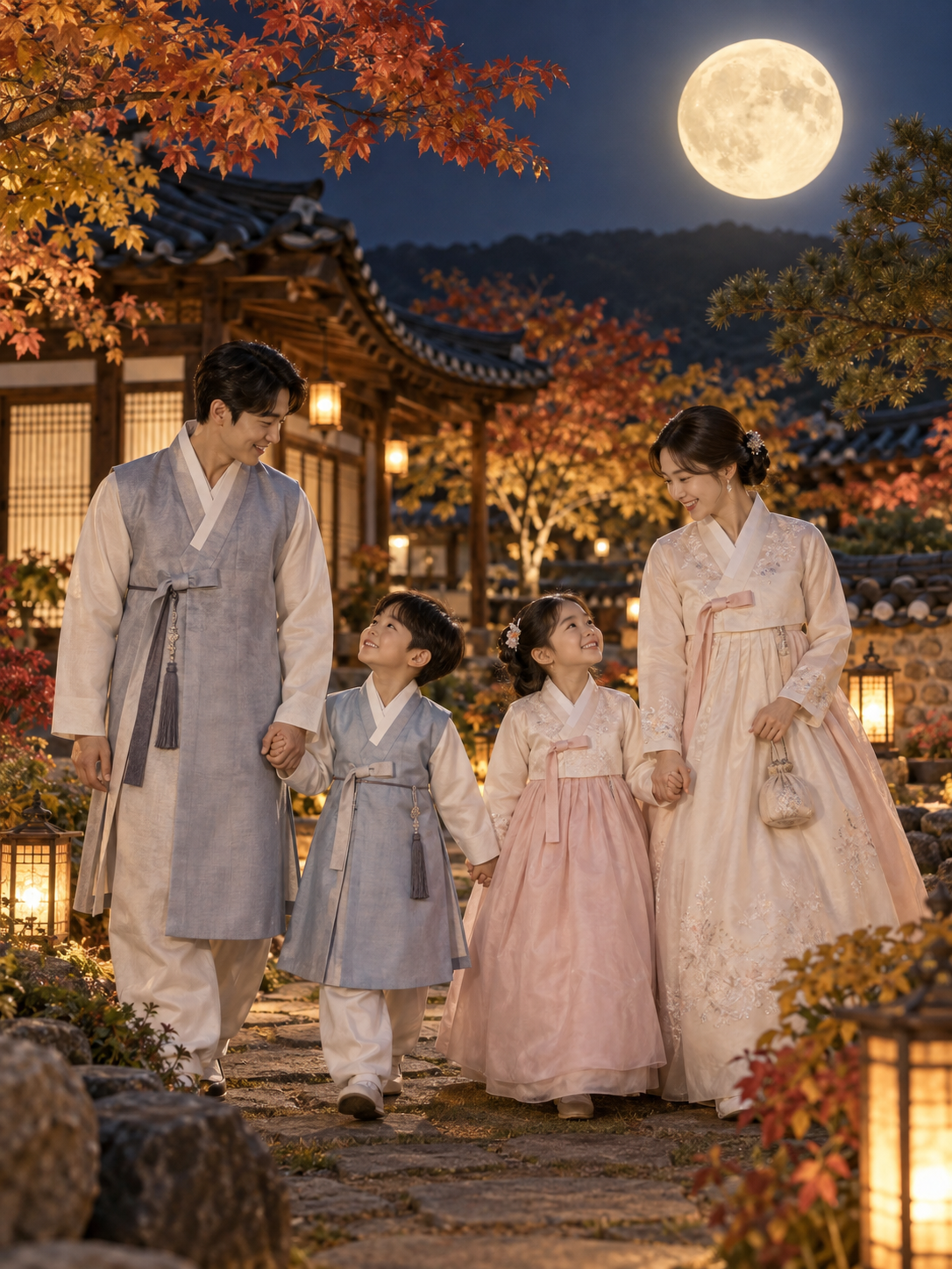 보름달 아래 한복 가족