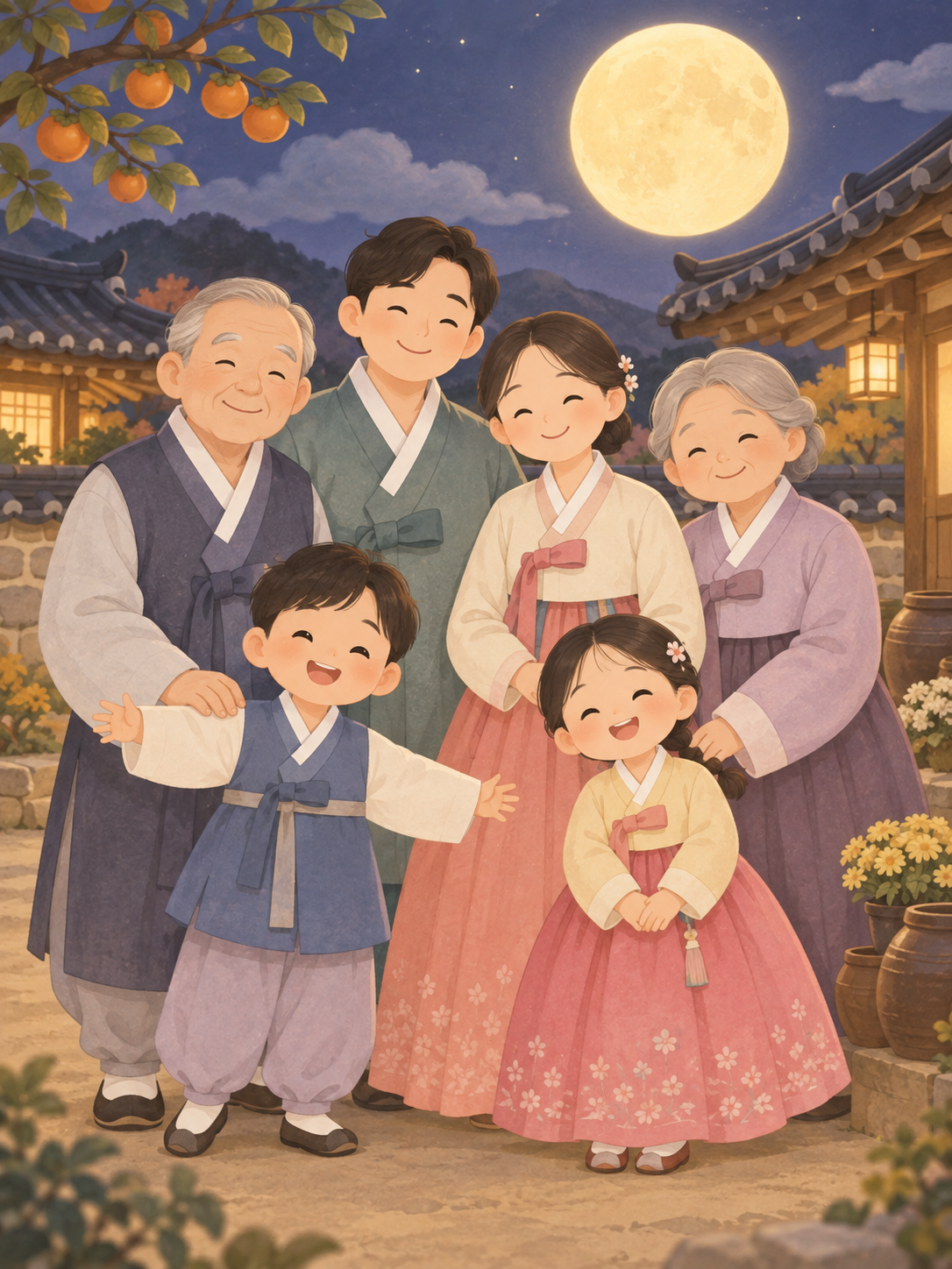 파스텔 한복 가족 일러스트