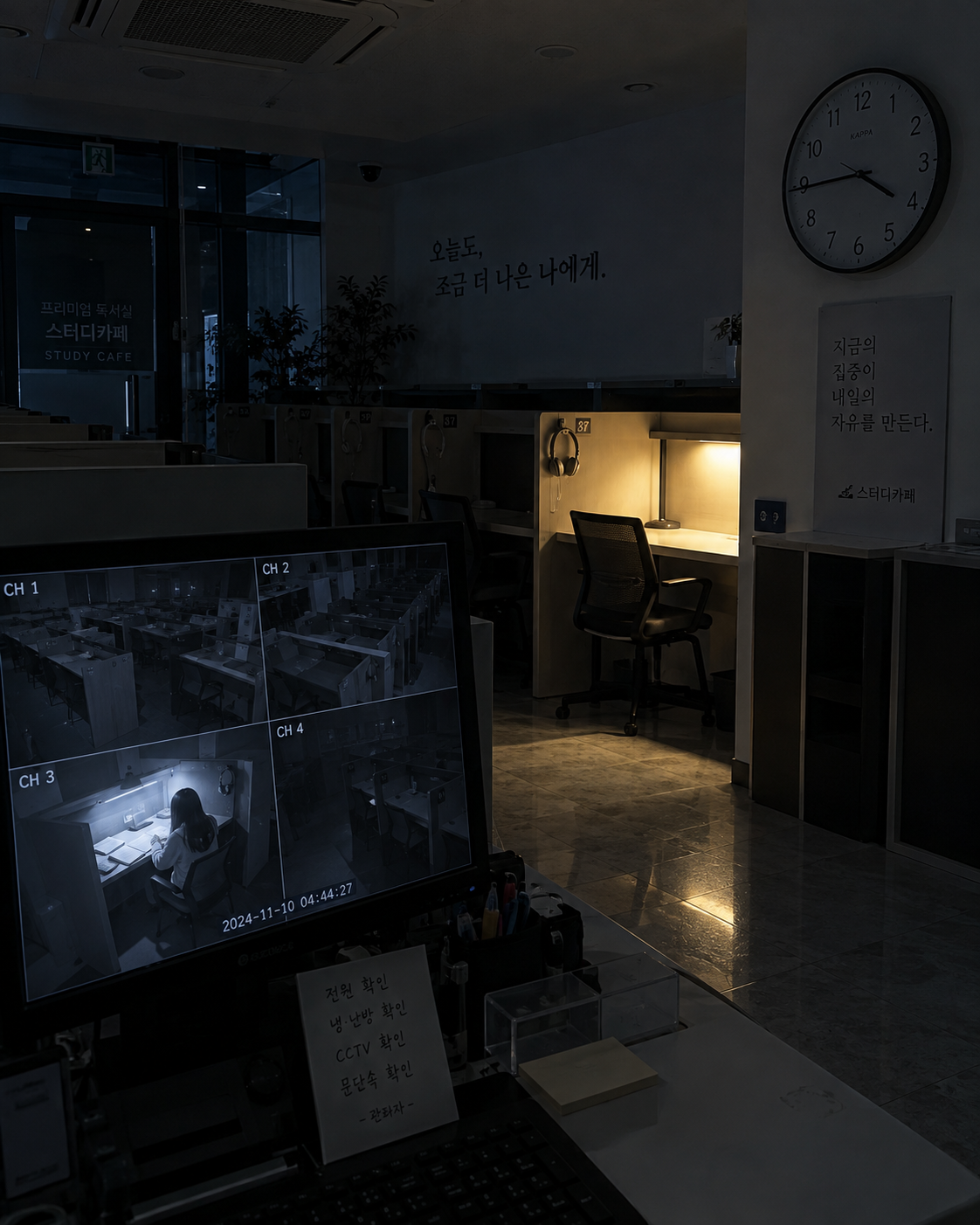 CCTV 화면에만 사람이 보이는 새벽 무인 스터디카페 공포 AI 이미지