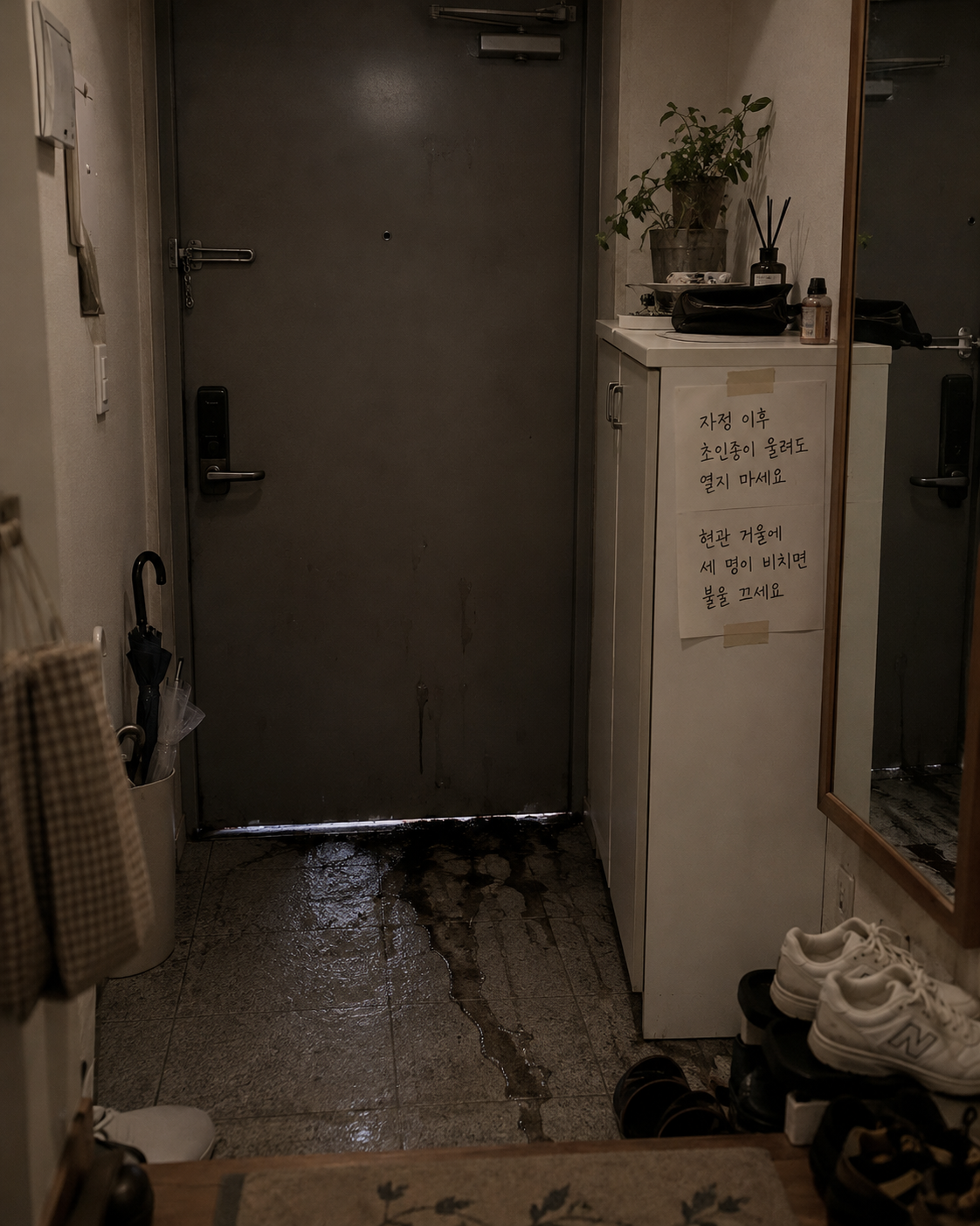 자정 이후 초인종 규칙 메모가 붙은 원룸 현관 생활공포 AI 이미지