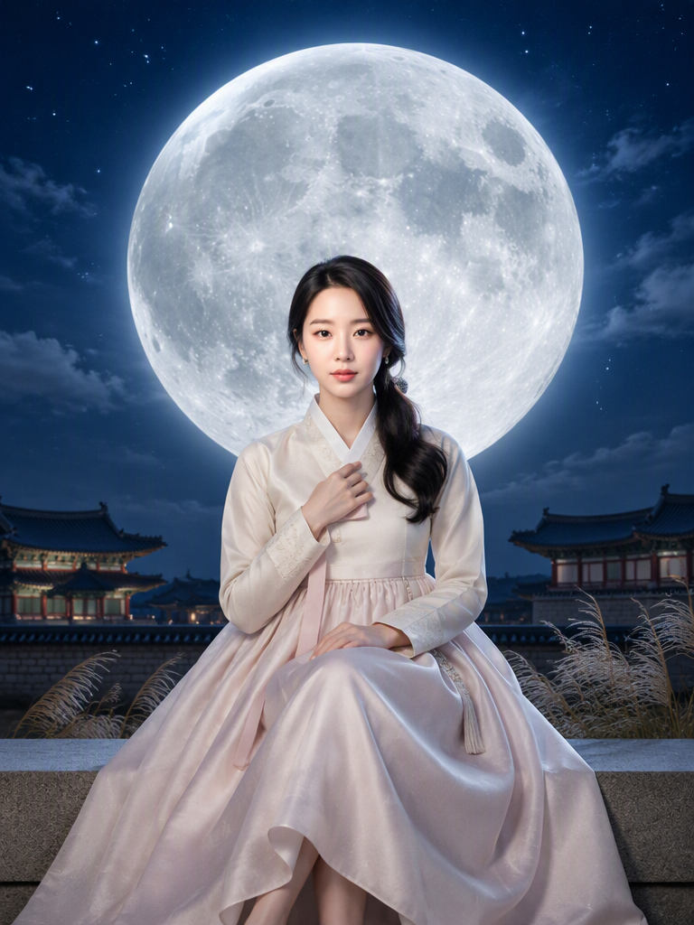 보름달 배경의 추석 한복 AI 사진