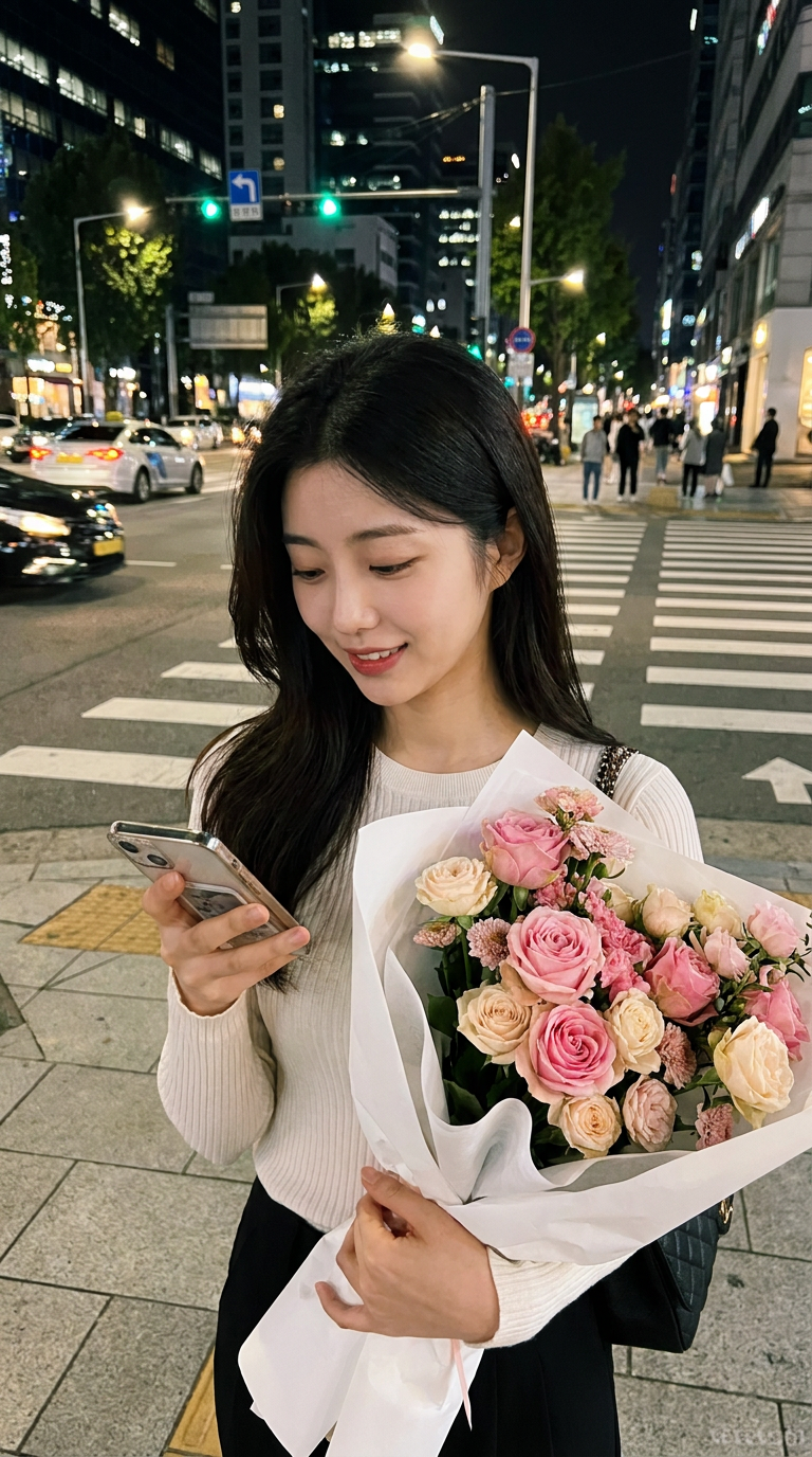 서울 밤거리 꽃다발 인증샷 AI 생성 결과